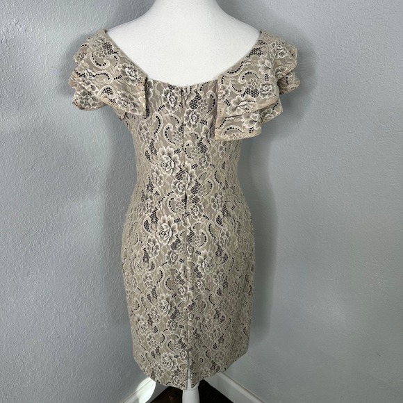 Antonio Melani Dress Size 2 Beige brown floral rose Lace Ruffle Sleeve Dress - Picture 4 of 6